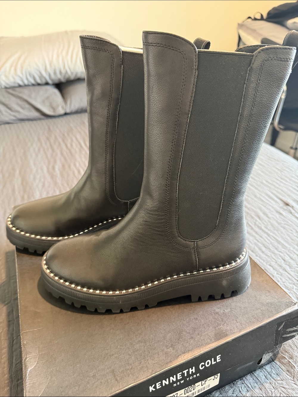 Kenneth Cole Black Leather Platform Boots with Studded Trim